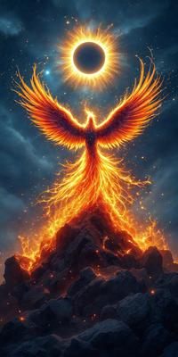 Primary subject: A fiery bird with a long tail, standing on top of a rock.

Setting/background: The bird is standing on a rock in the middle of a dark, stormy sky.

Visual style: The bird is depicted as a digital art or illustration, with a vibrant and dramatic appearance.

Colors and mood: The bird is predominantly orange, with a fiery and intense appearance, while the dark sky adds a sense of drama and intensity to the scene